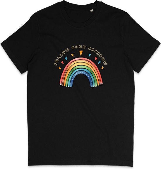 Foto: T shirt dames en heren regenboog en tekst follow your rainbow zwart s