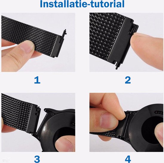 Installatie-tutorial met vier afbeeldingen van hoe je een horlogebandje bevestigt.