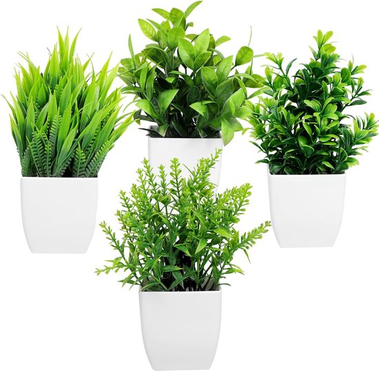 Set van 4 kunstplanten in potten, onderhoudsvrije kunstplanten, mini-kunstplanten, plastic planten zoals echte, plastic kunstplanten, groene potplanten voor thuis, badkamer, kantoor, tafeldecoratie