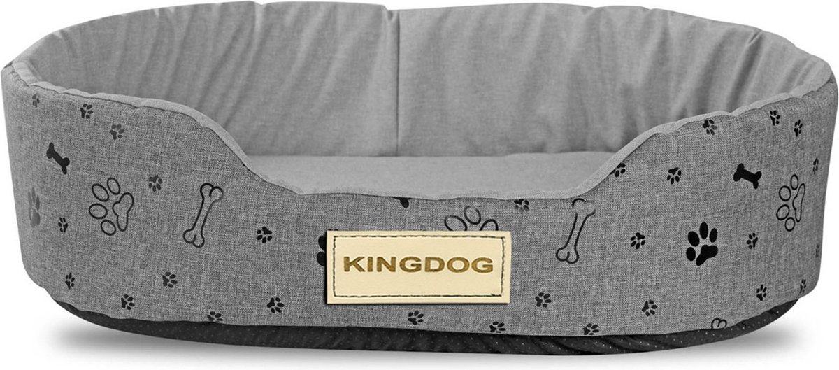 KingDog Ovale waterdichte Codura hondenmand met zwart botpatroon in grijs (50 x 40 cm)