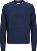 JACK & JONES Emil knit split neck slim fit - heren pullover viscosemengsel met polo kraag - blauw - Maat: L
