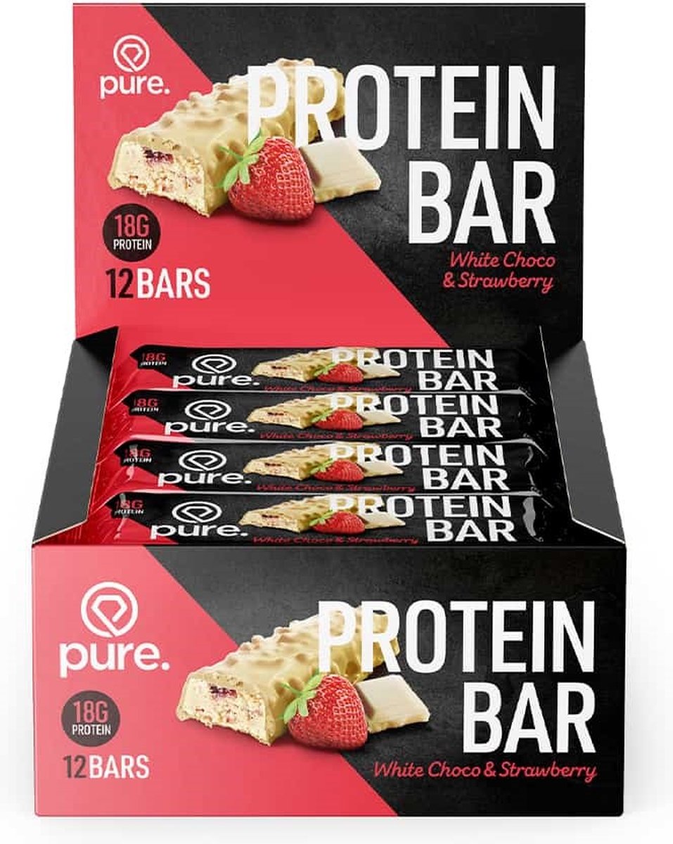 Goedkoopste Pure. Protein Bar Crunchy - White Choco & Strawberry- 12 eiwitrepen - 18g protein - sport