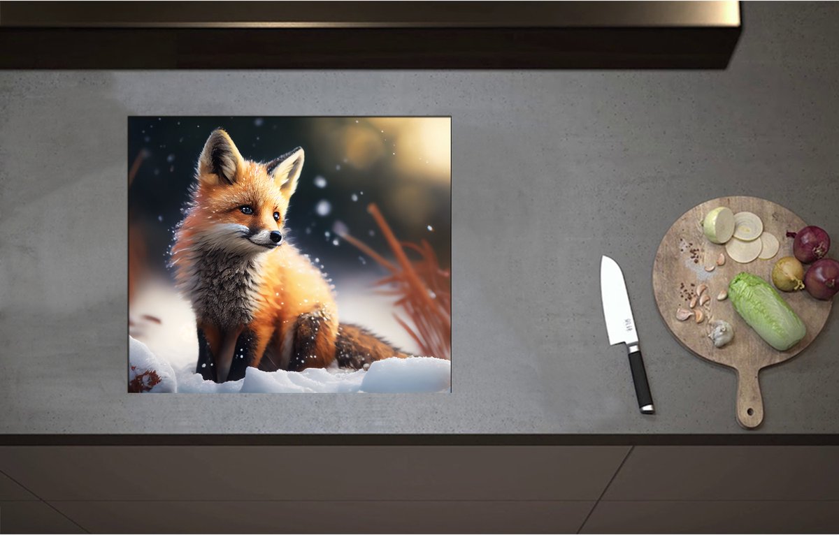Inductieplaat Beschermer - Aandoenlijk Klein Vosje in de Sneeuw - 58x50 cm - 2 mm Dik - Inductie Beschermer - Bescherming Inductiekookplaat - Kookplaat Beschermer van Wit Vinyl