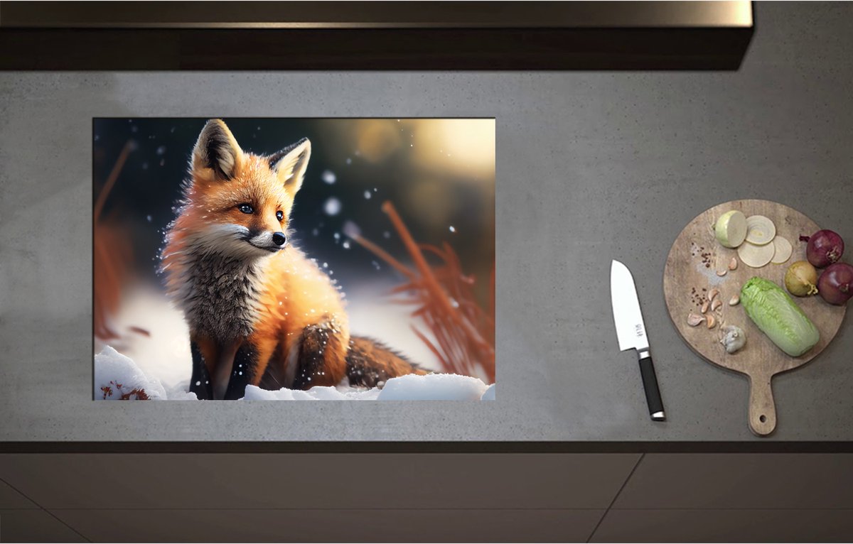 Inductieplaat Beschermer - Aandoenlijk Klein Vosje in de Sneeuw - 71x50 cm - 2 mm Dik - Inductie Beschermer - Bescherming Inductiekookplaat - Kookplaat Beschermer van Zwart Vinyl