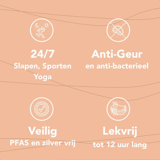 Quatre icônes avec texte : "24/7 Dormir, Faire du sport Yoga", "Anti-odeur et antibactérien", "Sûr Sans PFAS et sans argent", "Anti-fuite jusqu'à 12 heures".