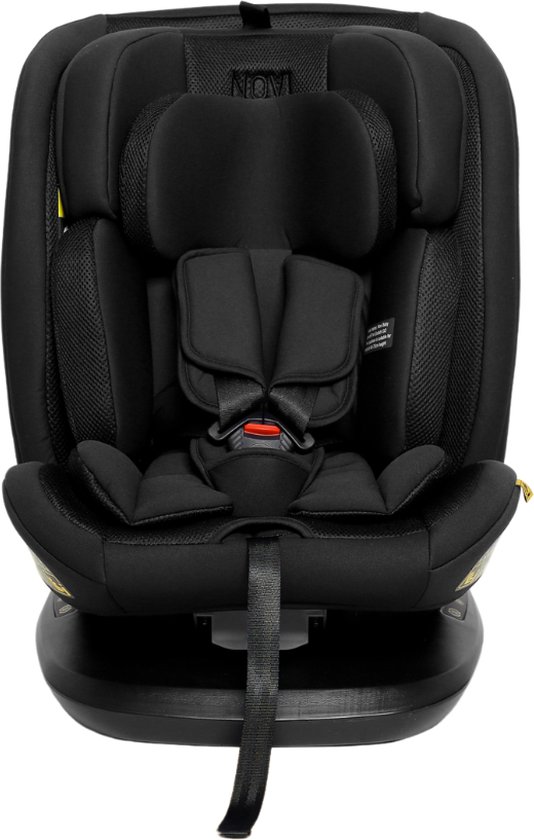 Siège auto noir avec côtés renforcés et coussins confortables, avant.