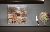 Inductieplaat Beschermer - Achteraanzicht van Sluipende Leeuw in Afrikaans Landschap - 58x55 cm - 2 mm Dik - Inductie Beschermer - Bescherming Inductiekookplaat - Kookplaat Beschermer van Zwart Vinyl