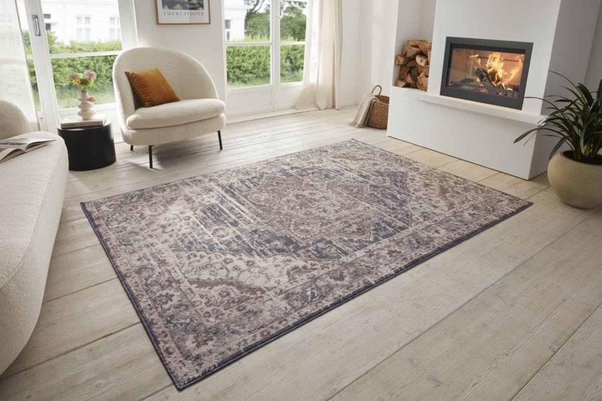 flycarpets Terrain Designer Laagpolig vloerkleed - Crème / Blauw - 240x340 cm