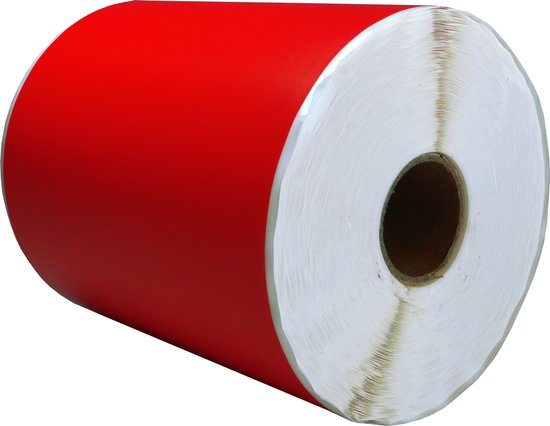 Rode rol thermische labels met een papieren kern en witte rand.