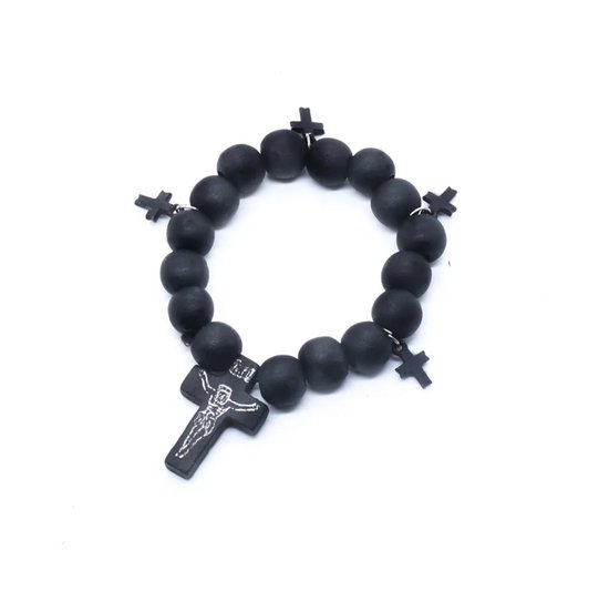 UrbanGoods - Armband - Houten Armband met Kruis - Zwart - Rozenkrans - Jezus Christus