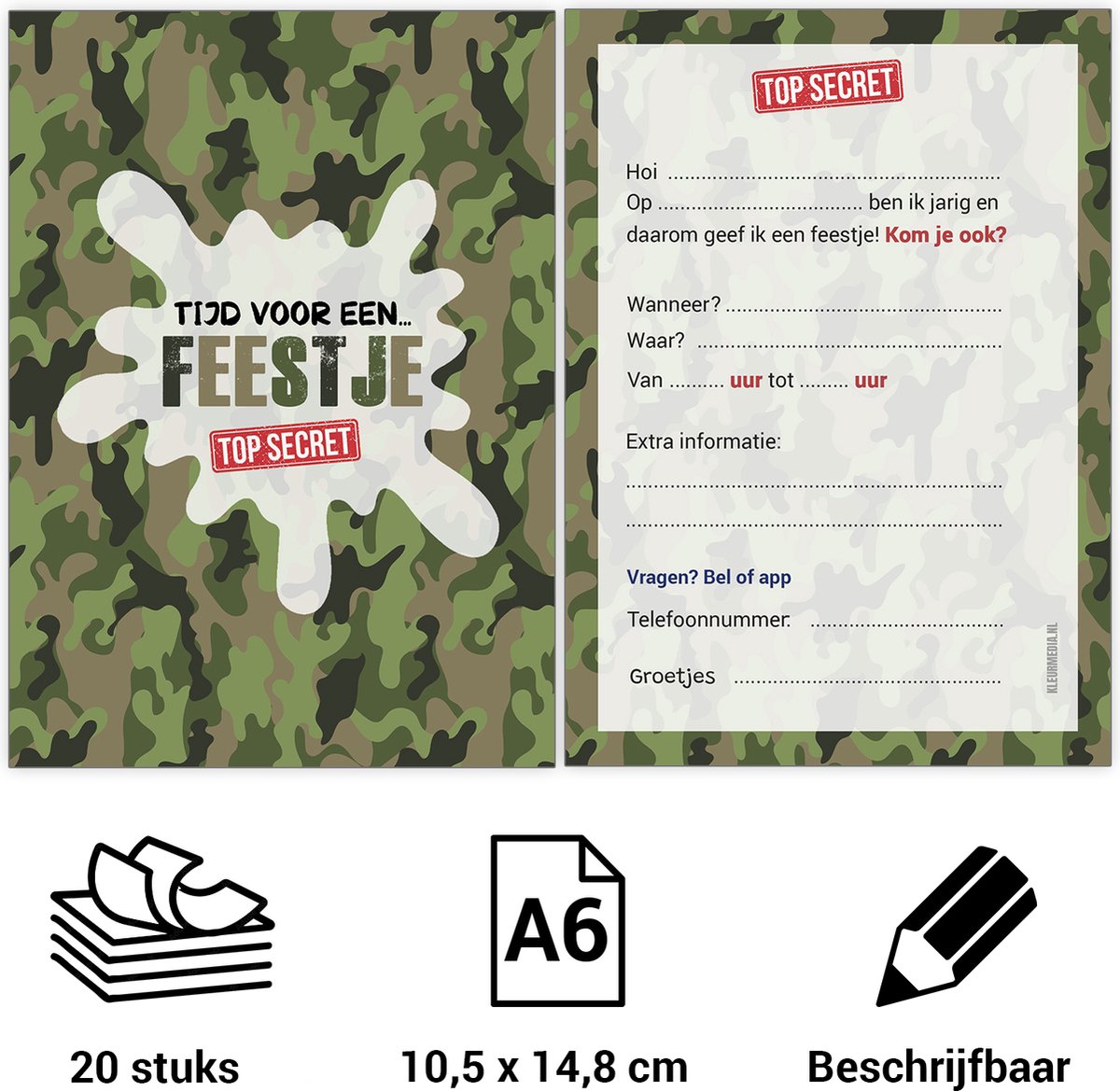 Uitnodiging kinderfeestje Camouflage - Voordeelset 20 stuks - Beschrijfbaar - Uitnodigingskaarten - Uitnodiging verjaardag - uitnodiging verjaardag feest - Uitnodiging kinderfeestje Jongen of Meisje - Camouflage