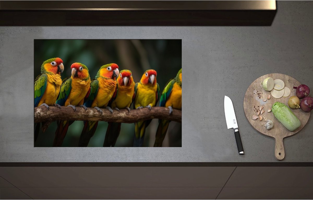 Inductieplaat Beschermer - Ara papegaaien zitten op een rijtje langs elkaar op een tak - 71x52 cm - 2 mm Dik - Inductie Beschermer - Bescherming Inductiekookplaat - Kookplaat Beschermer van Wit Vinyl