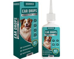 Oordruppels hond - Oorsmeer reiniger - 100 ml - Mega fles - Met colloïdaal zilver - tegen oormijt, oorontsteking en oorjeuk bij honden