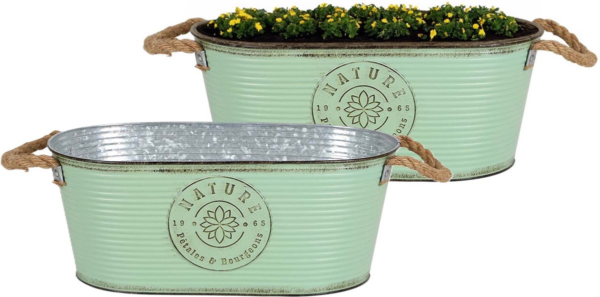 Goedkoopste Sunnydays Teil/plantenpot/bloempot - 2x - zink - jadegroen - L35 x D19 x H14 cm