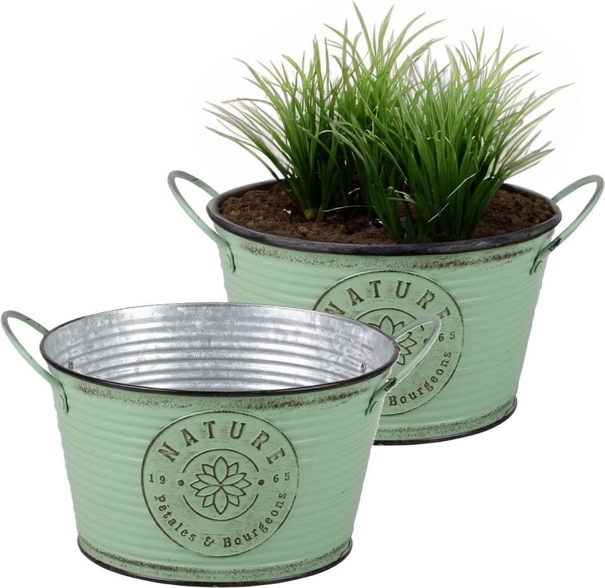 Goedkoopste Sunnydays Teil/plantenpot/bloempot - 2x - zink - rond - jadegroen - D22 x H12 cm