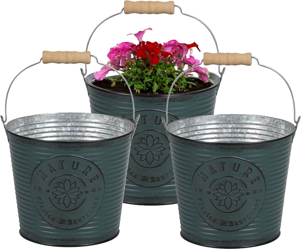 Goedkoopste Sunnydays Emmer/plantenpot/bloempot - 3x - zink - petrolblauw - D23 x H22 cm