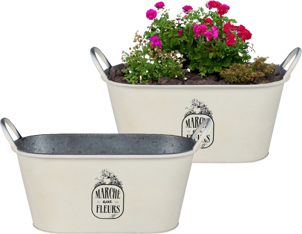 Goedkoopste Sunnydays Teil/plantenpot/bloempot - 2x - zink - ivoorwit - L39 x B16 x H21 cm
