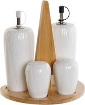 Items Azijn/Olie flessen tafelset - met peper/zout vaatjes - porselein/bamboe - wit - modern/design