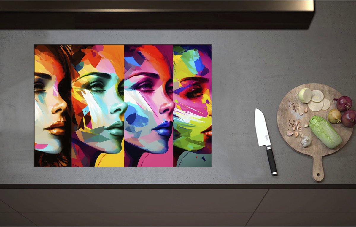Inductieplaat Beschermer - Artistieke Collage van Zijaanzichten van Kleurrijke Vrouwen - 75x52 cm - 2 mm Dik - Inductie Beschermer - Bescherming Inductiekookplaat - Kookplaat Beschermer van Wit Vinyl
