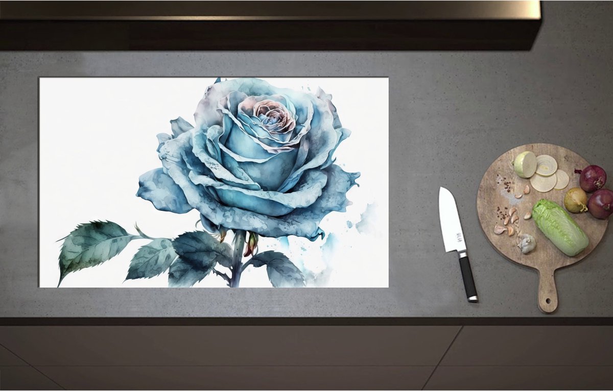 Inductieplaat Beschermer - Aquarel Verf Tekening van Blauwe Roos met Groene Bladeren - 85x52 cm - 2 mm Dik - Inductie Beschermer - Bescherming Inductiekookplaat - Kookplaat Beschermer van Zwart Vinyl
