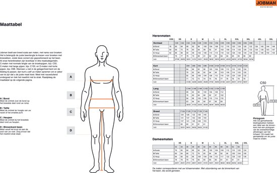 Maattabel met illustraties van hoe maten te nemen, tabellen voor heren- en damesmaten en informatie over productmaten.