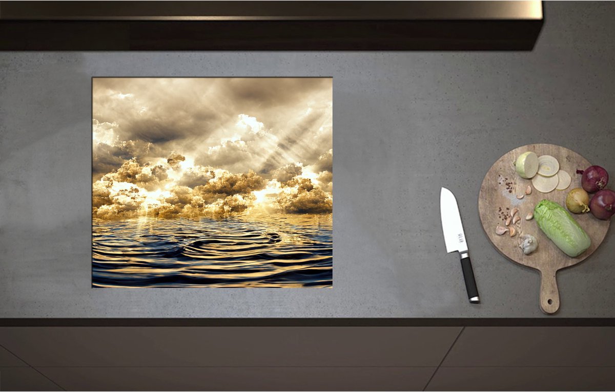 Inductieplaat Beschermer - Abstract Schilderij van Wolken Drijvend in de Zee - 59x52 cm - 2 mm Dik - Inductie Beschermer - Bescherming Inductiekookplaat - Kookplaat Beschermer van Wit Vinyl
