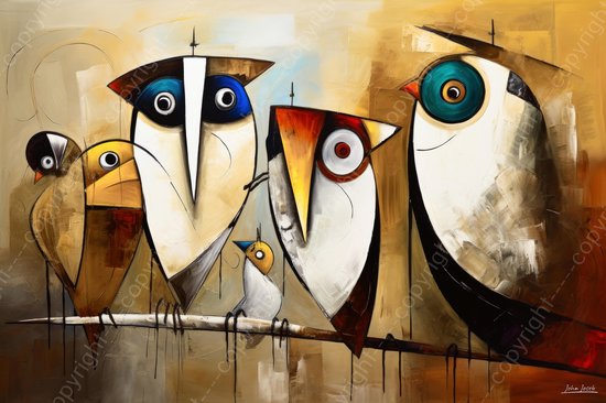 JJ-Art (Aluminium) 60x40 | Uilen op een tak, abstract surrealisme, Joan Miro stijl, humor, kunst | dier, boom, vogel, uil, rood, bruin, blauw, modern | foto-schilderij op dibond, metaal wanddecoratie