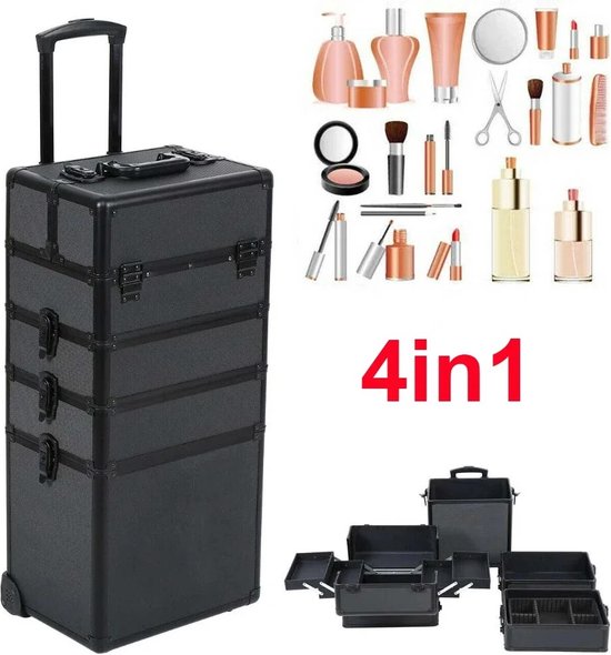 My North Star-Make-up Koffer & Tafel - Trolley - Cosmeticakoffer - Cosmetica Trolley - Beauty Trolley - Trolleykoffer - Professionele Reiskoffer - Luxe Beautycase - Beautykoffer - Kaptafel Spiegel - Cosmetica - Met Lades - Zwart