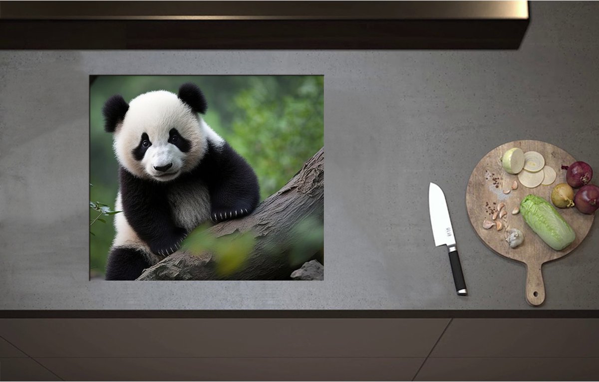 Inductieplaat Beschermer - Aankijkende Panda op Boomstam in het Bos - 59x52 cm - 2 mm Dik - Inductie Beschermer - Bescherming Inductiekookplaat - Kookplaat Beschermer van Zwart Vinyl