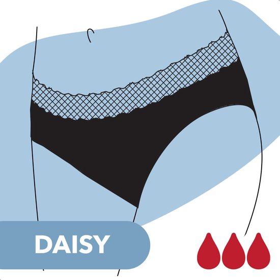 Bamboozy Menstruatie Ondergoed 4-laags Mid-Heup Maat 2XL 44-46 Zwart Period Underwear Menstrueren Incontinentie Zero Waste Daisy