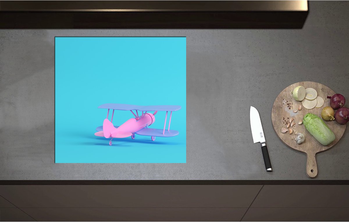 Inductieplaat Beschermer - Achteraanzicht van Roze Zweefvliegtuig tegen Felblauwe Achtergrond - 57x55 cm - 2 mm Dik - Inductie Beschermer - Bescherming Inductiekookplaat - Kookplaat Beschermer van Zwart Vinyl