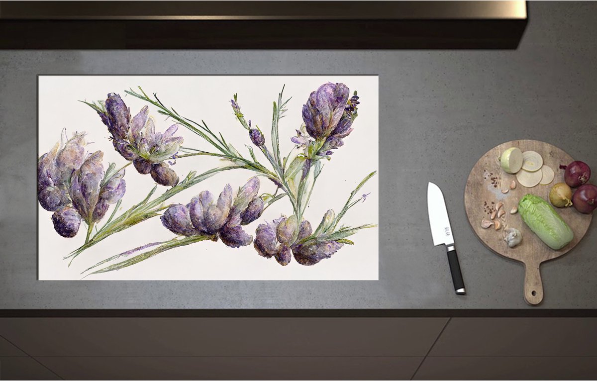 Inductieplaat Beschermer - Aquaruel Verf Tekening van Lavendel Bloemen - 85x52 cm - 2 mm Dik - Inductie Beschermer - Bescherming Inductiekookplaat - Kookplaat Beschermer van Zwart Vinyl