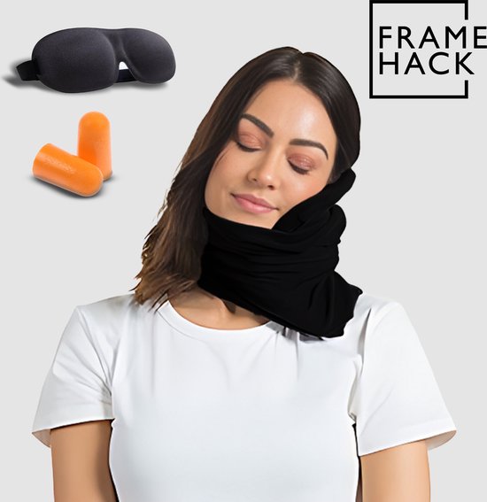 Framehack Zacht Travel Pillow Reiskussen - Neksteun Nek Support - Nekkussen - inclusief 3D slaapmasker & oordopjes – Zwart