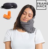 Framehack Oreiller de voyage doux - Oreiller de voyage - Soutien du cou - Oreiller cervical - avec masque de sommeil 3D et bouchons d'oreilles - Gris clair