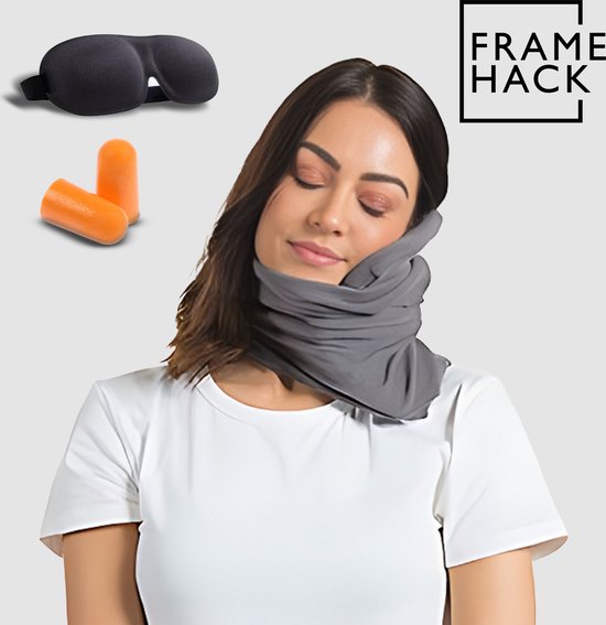 Foto: Zacht travel pillow reiskussen neksteun nek support nekkussen inclusief 3d slaapmasker oordopjes lichtgrijs