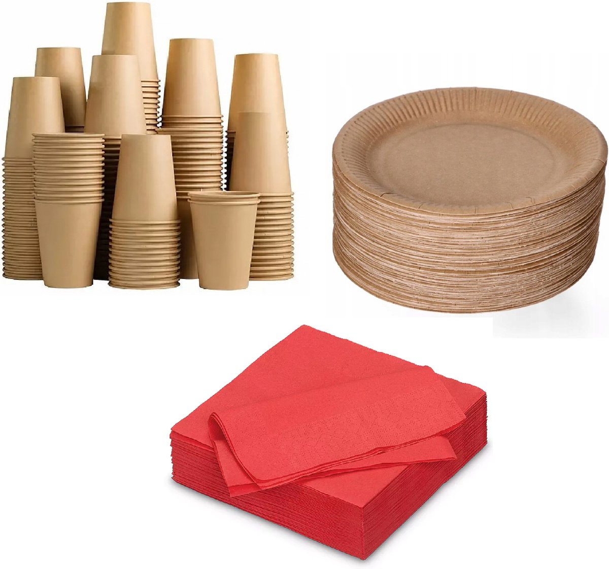 Image of 100 kartonnen borden 23cm + 100 kartonnen bekers 240ml + 100 bio servetten rood 33x33cm - Wegwerp servies - Feest/verjaardag/BBQ/Picknick bordjes - set bio/eco/ Biologisch afbreekbaar- Duurzaam - Milieuvriendelijk