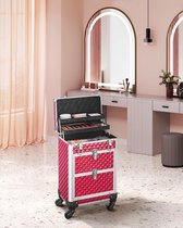 Cosmetic Case Trolley, professionele make-up case, kapperskoffer met 4 uitneembare universele wielen, make-up case, top met 3 uittrekbare compartimenten, laden, voor op reis, Rood , HMTM-MC-30006