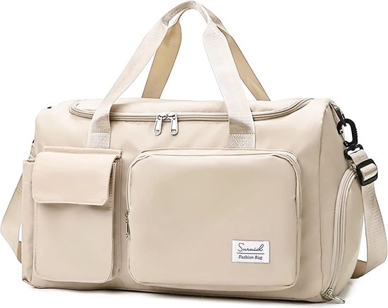 Foto: Sporttas reistas voor dames en heren meisjes handbagage weekendtas met schoenenvak en apart nat lichte zwemtas beige