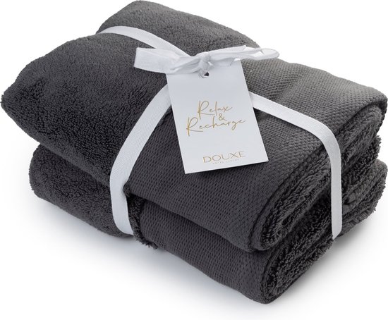 DOUXE Handdoek Zero-twist Katoen 50x100cm - Set Van 2 - Antraciet - Hotelkwaliteit - 700 g/m2
