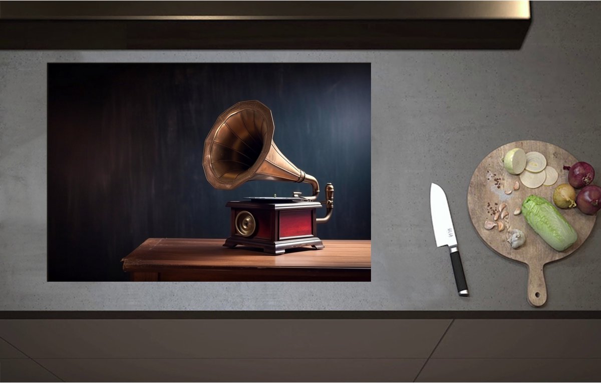 Inductieplaat Beschermer - Antieke Grammofoon op Kast - 80x55 cm - 2 mm Dik - Inductie Beschermer - Bescherming Inductiekookplaat - Kookplaat Beschermer van Wit Vinyl
