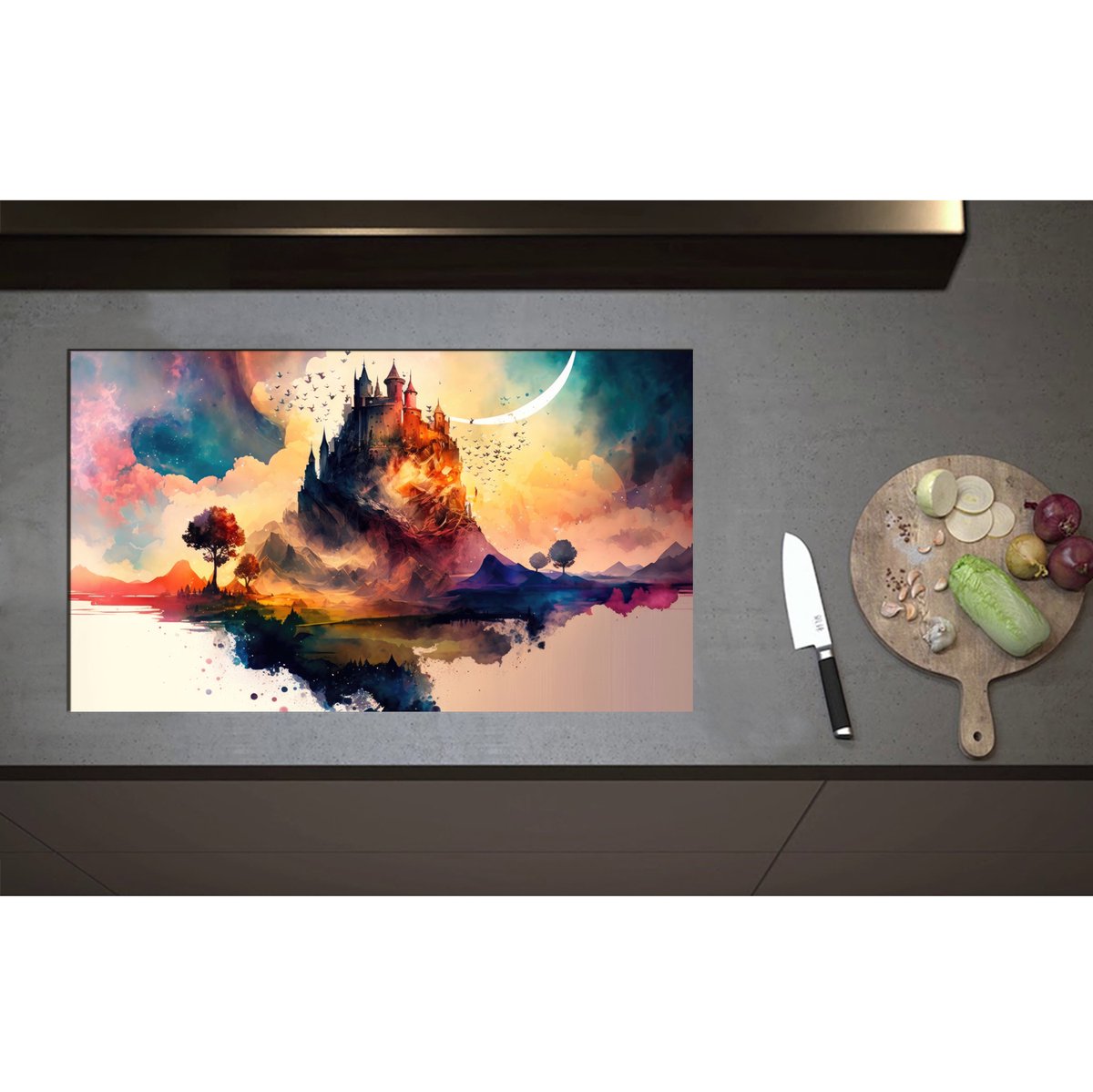 Inductieplaat Beschermer - Aquerelverf Tekening van Kasteel op Berg - 85x50 cm - 2 mm Dik - Inductie Beschermer - Bescherming Inductiekookplaat - Kookplaat Beschermer van Zwart Vinyl