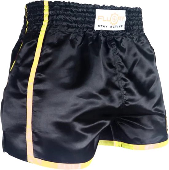 Fluory Kickboks Broek Muay Thai Short Zwart Geel MTSF37 maat XXL