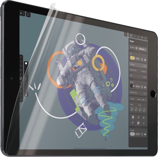 Apple iPad 10.2" met een transparante schermprotector, toont een astronaut art-ontwerp.