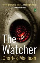 Boek 'The Watcher' van Charles Maclean. Oog met spiraalvormig patroon in de pupil. "If you are easily upset...stop right here."