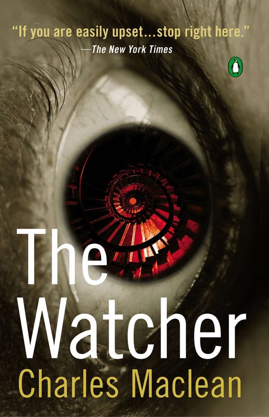 Boek 'The Watcher' van Charles Maclean. Oog met spiraalvormig patroon in de pupil. "If you are easily upset...stop right here."