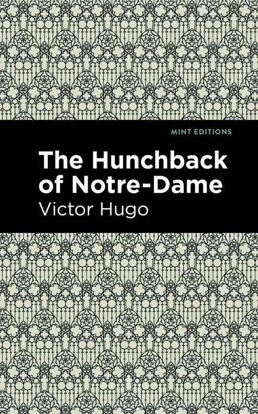 Boekcover van 'The Hunchback of Notre-Dame' door Victor Hugo, met een patroon van gotische ramen.