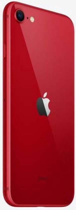 Rode iPhone SE (2022) met Apple logo op de achterkant, vanuit een schuine hoek bekeken.