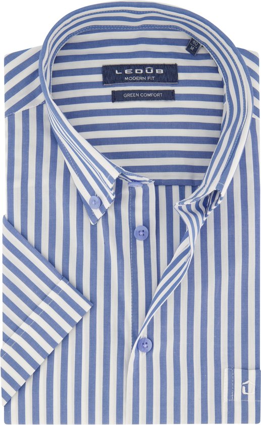Ledub modern fit overhemd - korte mouw - popeline - middenblauw met wit gestreept - Strijkvriendelijk - Boordmaat: 40