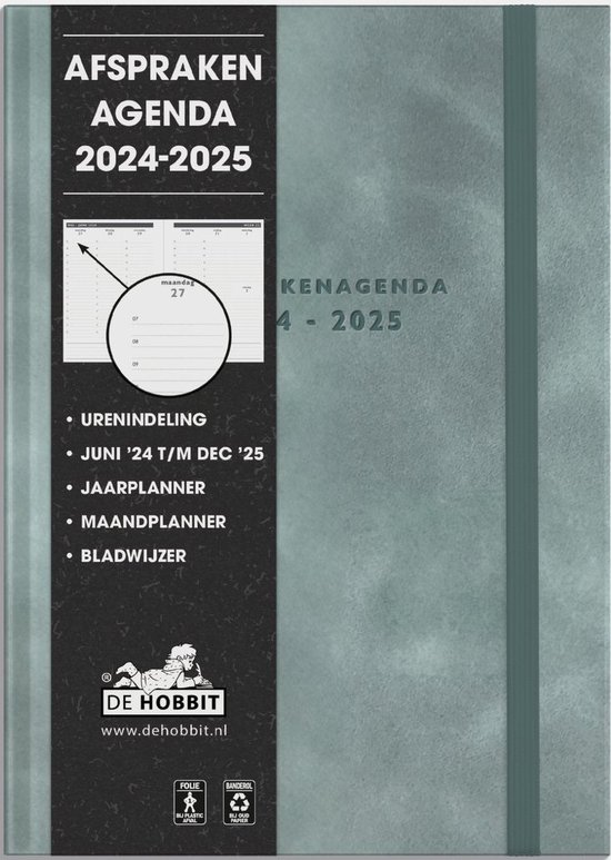 Hobbit - Afsprakenagenda - 2024-2025 - 1 week op 2 pagina's - A5 (14,8 x 21 cm) - Suède look grijsgroen