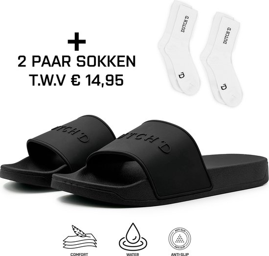Dutch'D ® Rubberen slipper + GRATIS 2 paar Sport Sokken t.w.v € 13,95 - zwart - Maat 37/38 - anti slip - Comfortabel - Dubbele maten - unisex